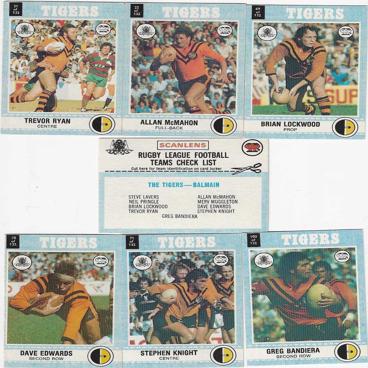 1977 Scanlens Rugby League Balmain Tigers Team Set (10 Cards)