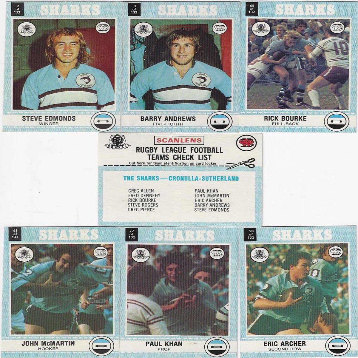 1977 Scanlens Rugby League Cronulla-Sutherland Sharks Team Set (11 Cards)