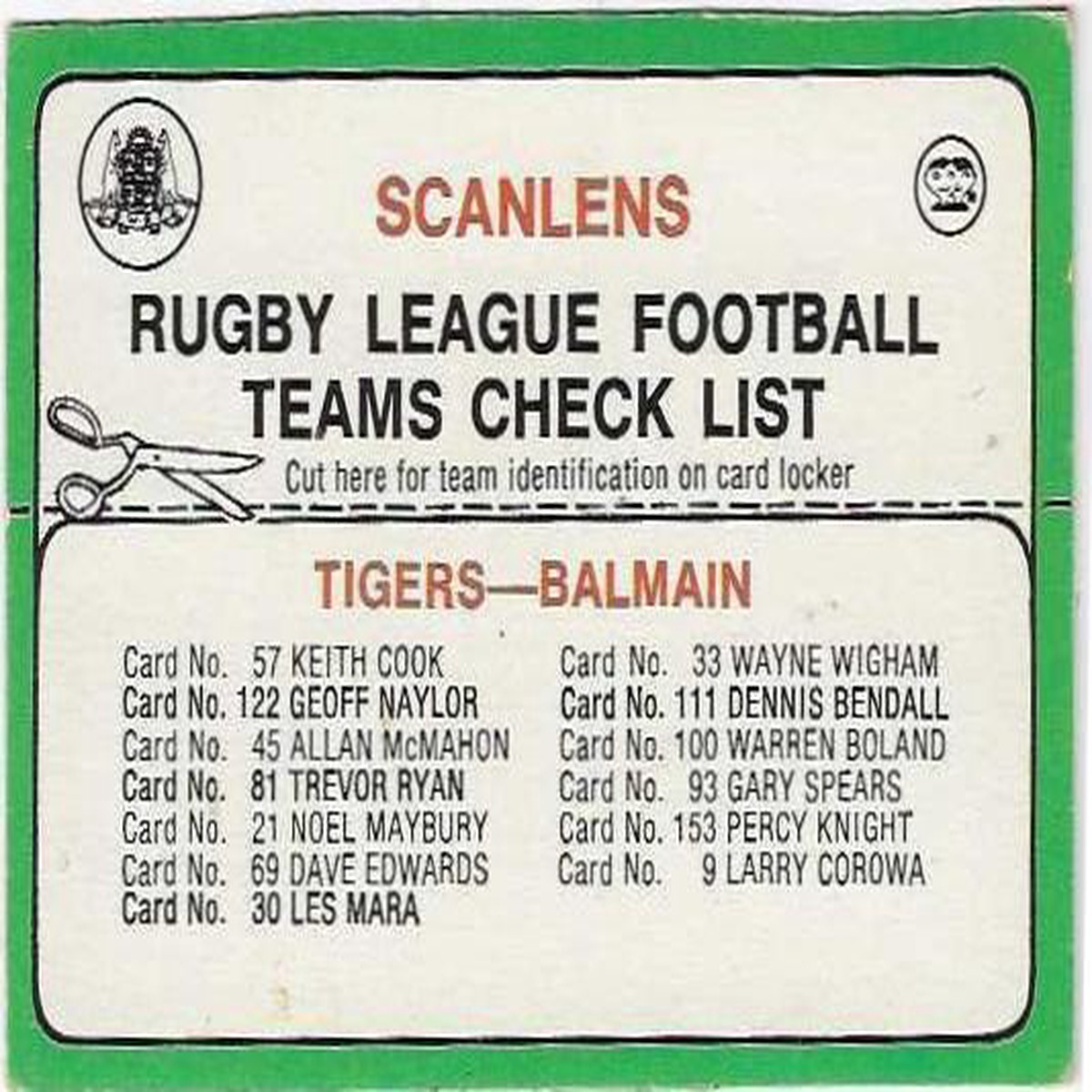1978 Scanlens Rugby League Checklist Balmain Tigers