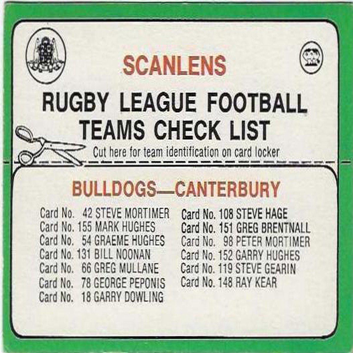 1978 Scanlens Rugby League Checklist Canterbury Bulldogs