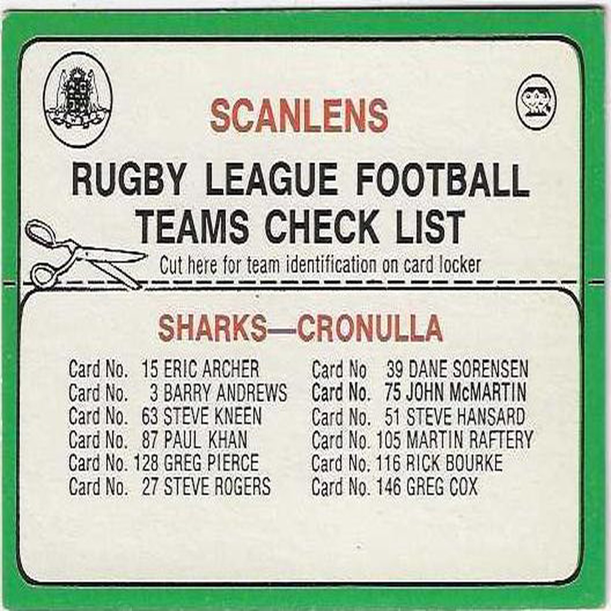 1978 Scanlens Rugby League Checklist Cronulla Sharks