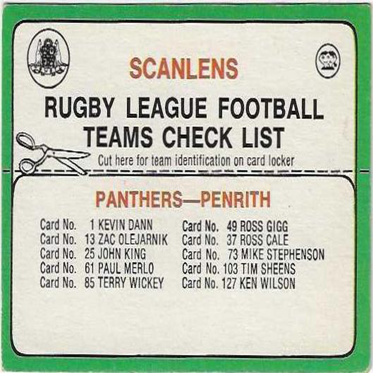 1978 Scanlens Rugby League Checklist Penrith Panthers