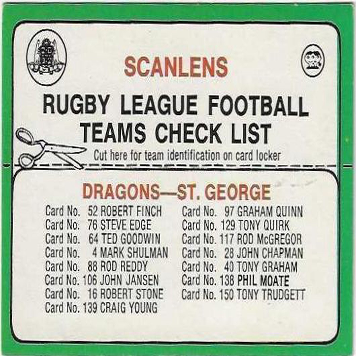 1978 Scanlens Rugby League Checklist St. George Dragons