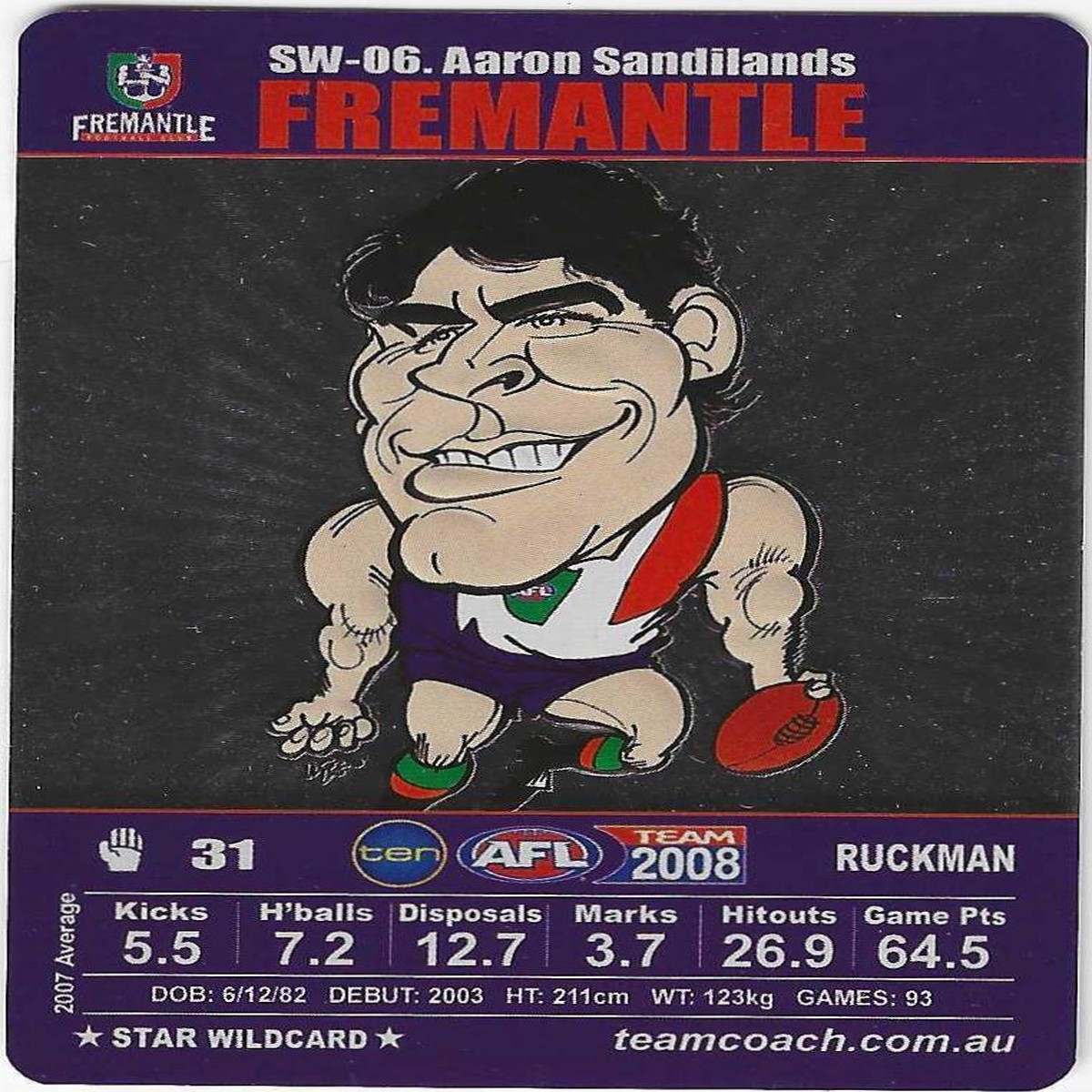 2008 Teamcoach Star Wildcard (SW-06) Aaron Sandilands Fremantle