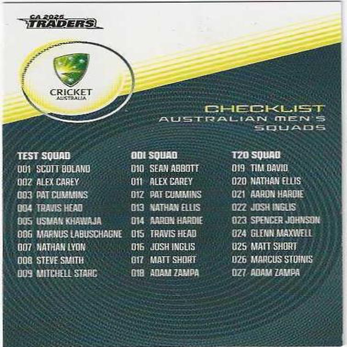 2025 / 26 Cricket Traders Luxe Base (151) Checklist 1 Australian Squads