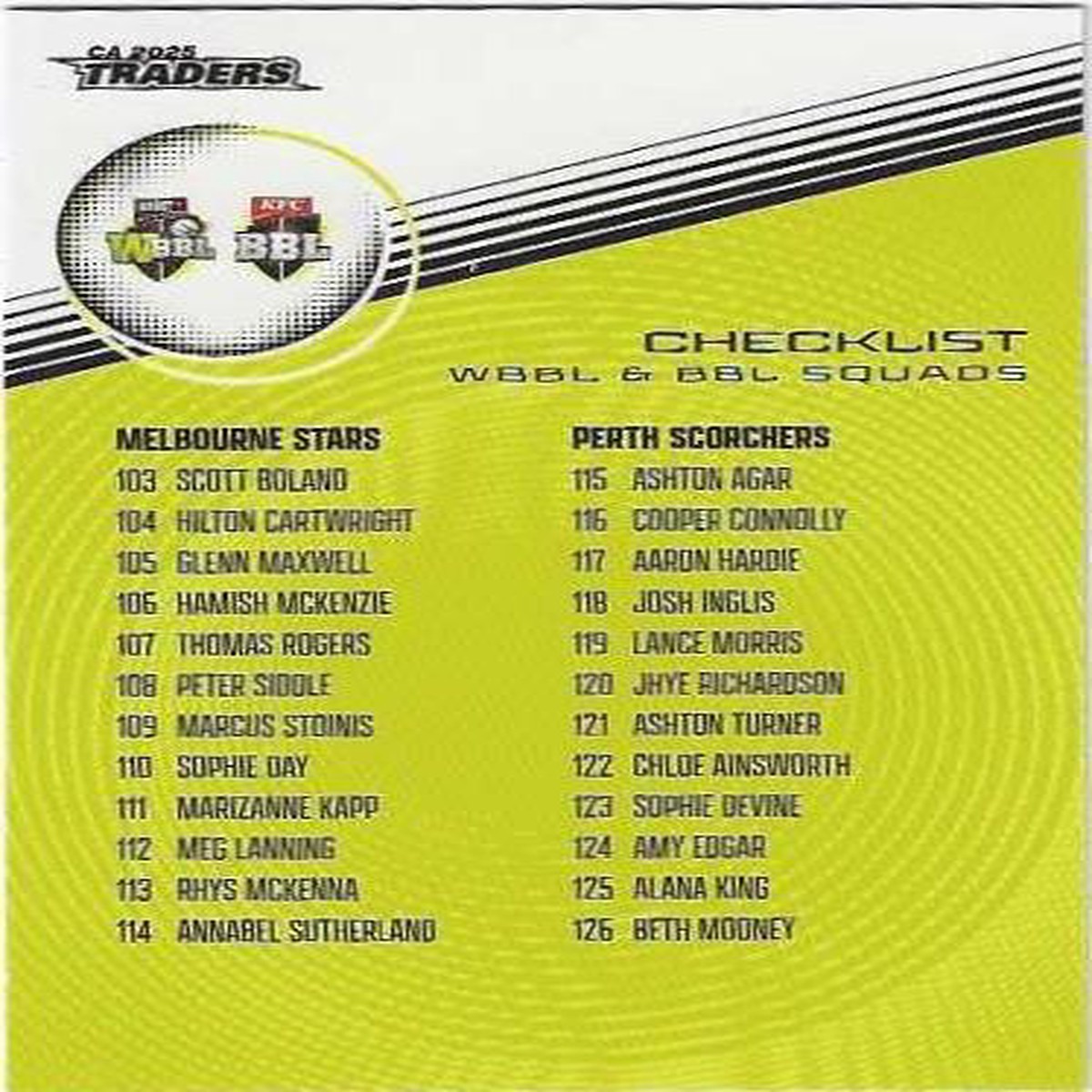 2025 / 26 Cricket Traders Luxe Base (153) Checklist 3 WBBL & BBL Squads