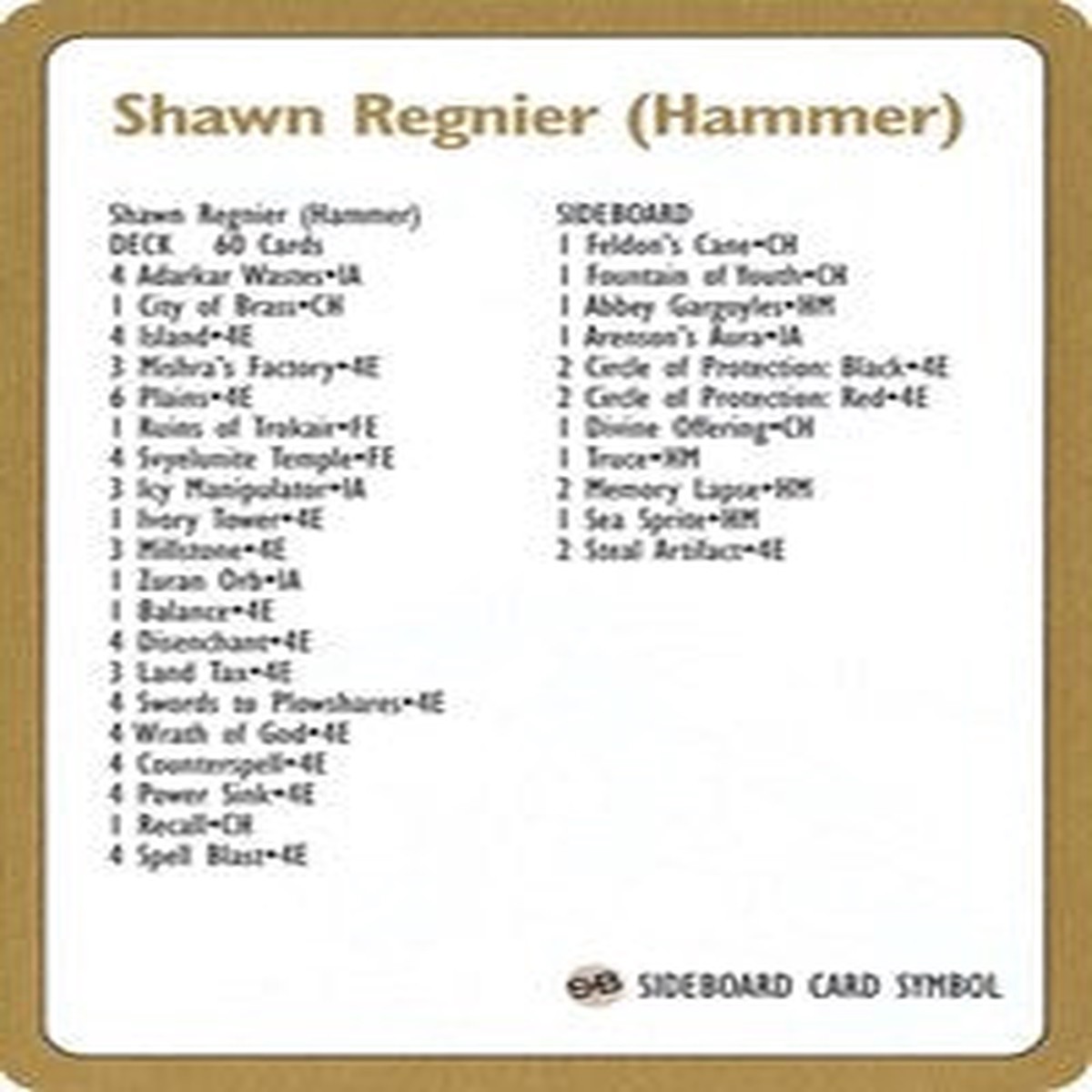 1996 Shawn "Hammer" Regnier Decklist Card [World Championship Decks] - Near Mint