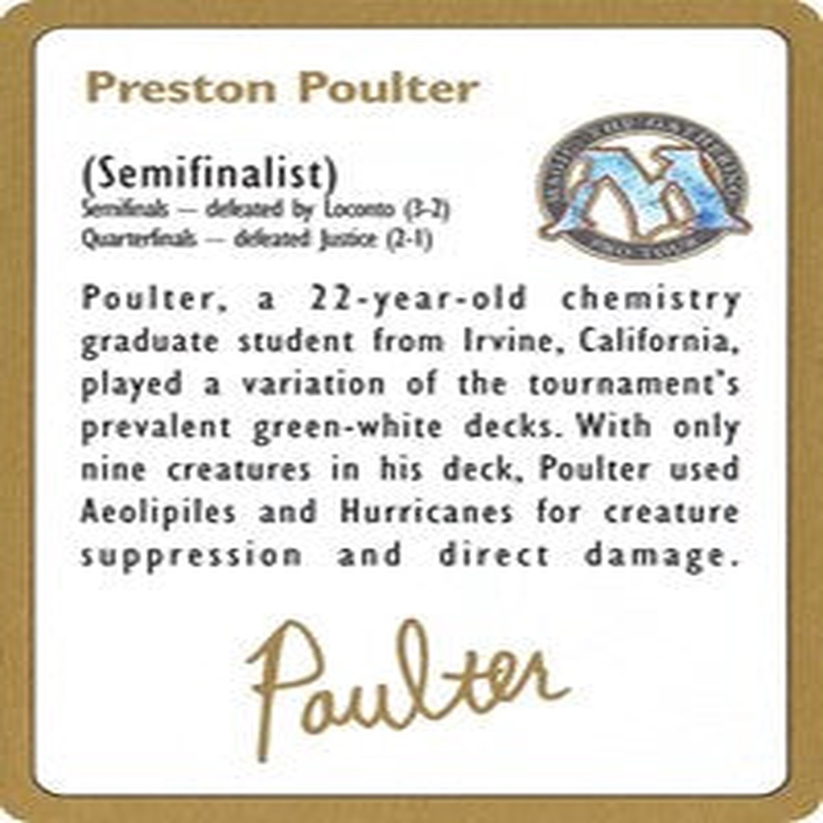 1996 Preston Poulter Biography Card [World Championship Decks] - Near Mint/Excellent