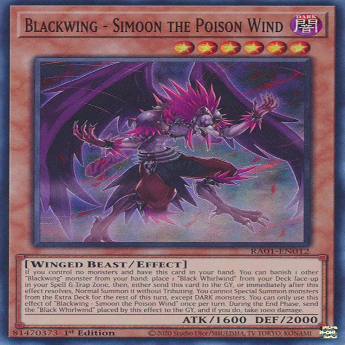 Blackwing - Simoon the Poison Wind [RA01-EN012] Super Rare - NM 1st Edition